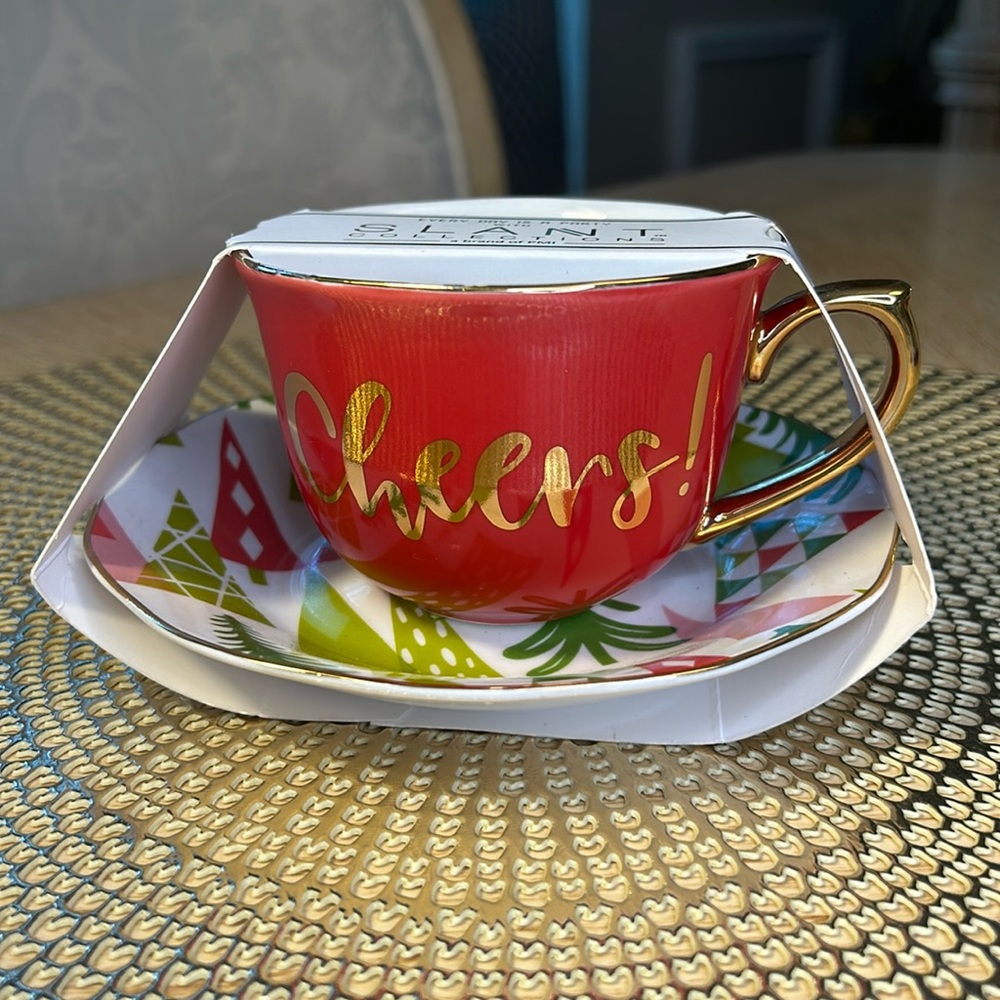 Cheers With Trees Cup & Saucer by Slant Collections NWT